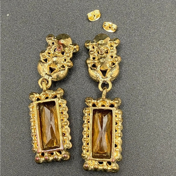 Glamorous Topaz and Aurora Borealis Glass and Rhinestone Drop Earrings Pierced - Picture 13 of 13